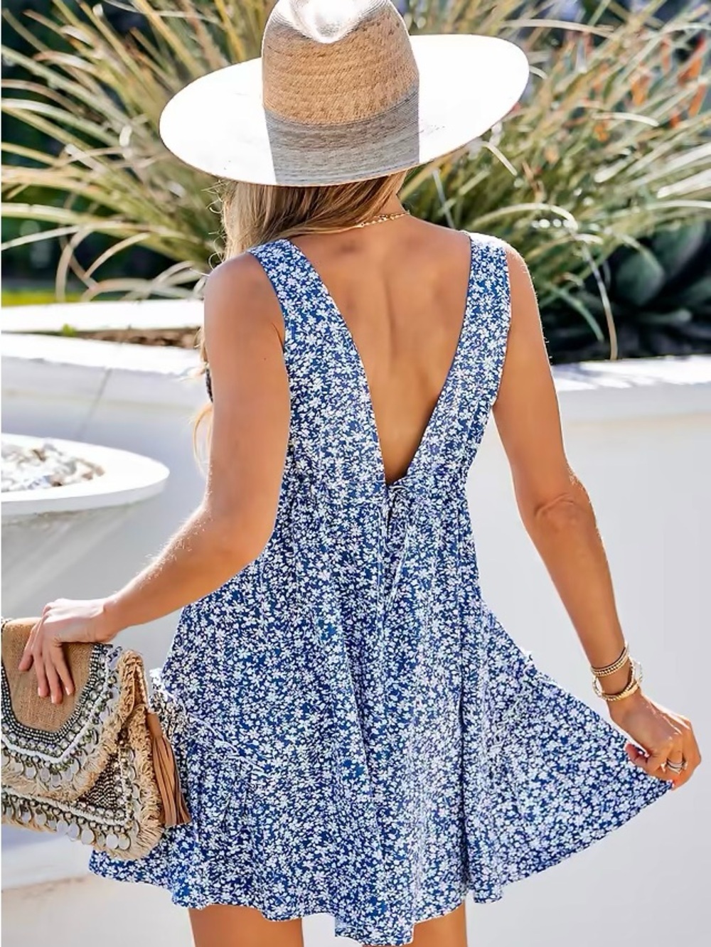 CUPSHE Tiered Ruffle Deep V & Back Blue Floral Tie-Front Sundress Mini Dress - Picture 3 of 14